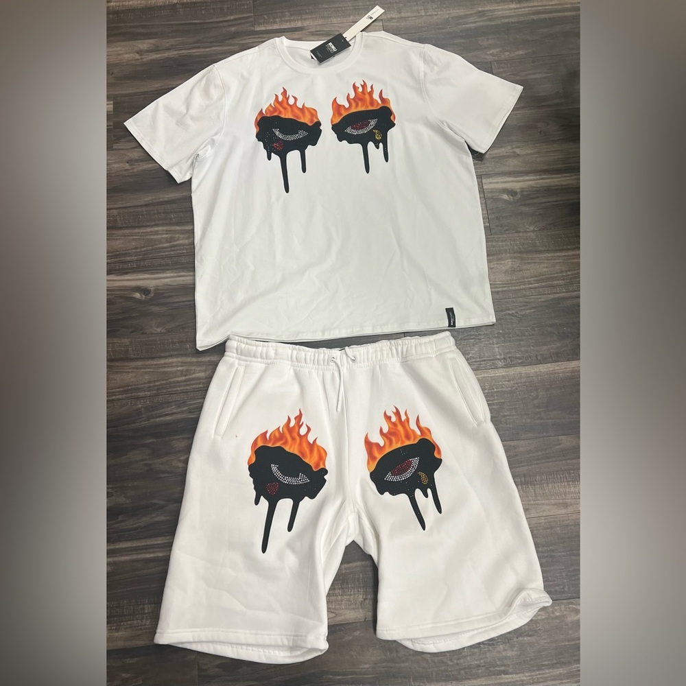 Men’s Roku White Graphic Tee and Shorts Set with Flame Design